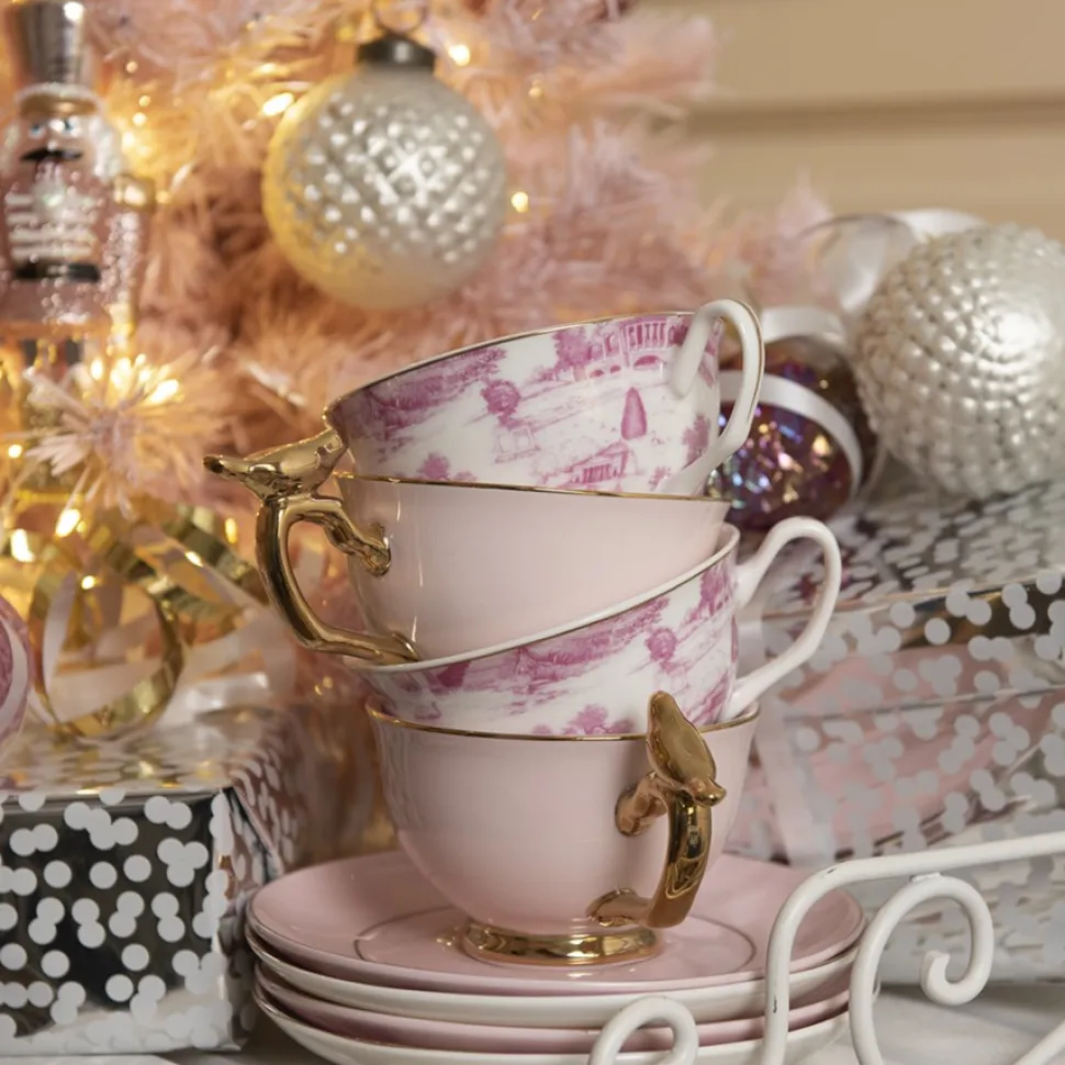 Filiżanka porcelanowa biało-różowa zestaw 6 szt.