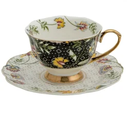Filiżanka porcelowa kwiaty na czarno-złotym tle 200 ml komplet 2 szt.